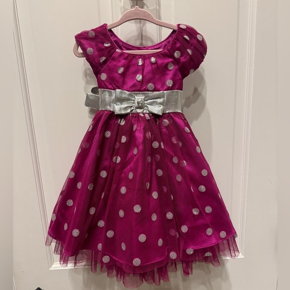 NWOT Jona Michelle 2T Pink & Silver Polka Dot Girls Formal Cap Sleeve Dress - Picture 1 of 4